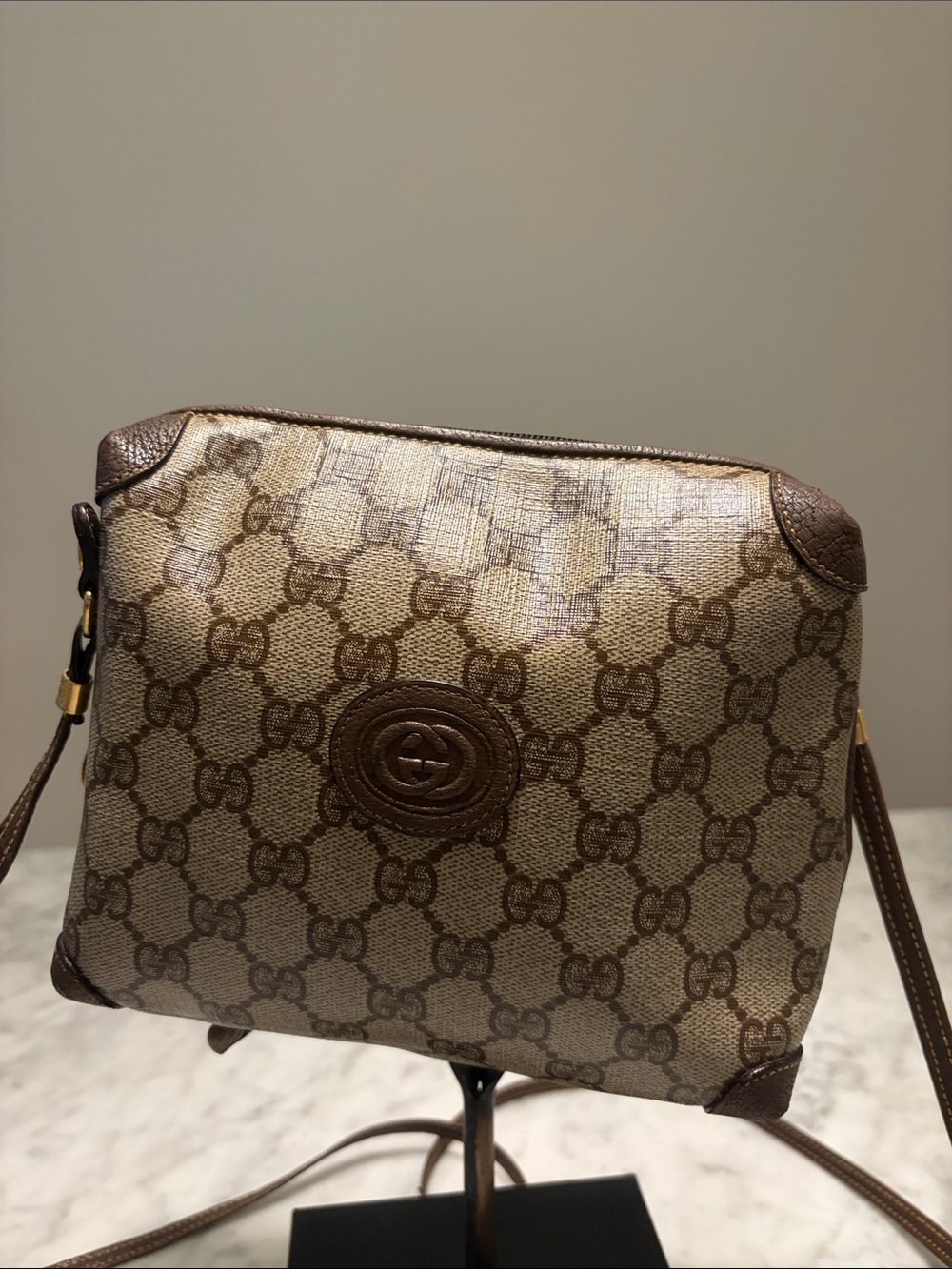 Gucci Brown GG Supreme Leather-Trim Crossbody